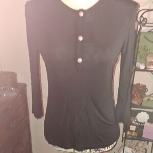 AUTHENTIC CHANEL Black 3/4 Sleeve Top with Pink Button Detail Size 34 Euro